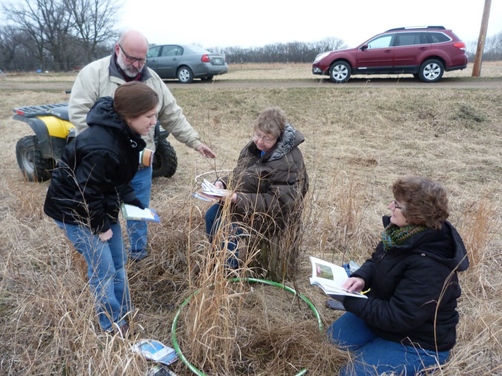 While learning how to identify grasses and forbs, participants used the revolay survey method estimate the amount of a species in a geographical area.