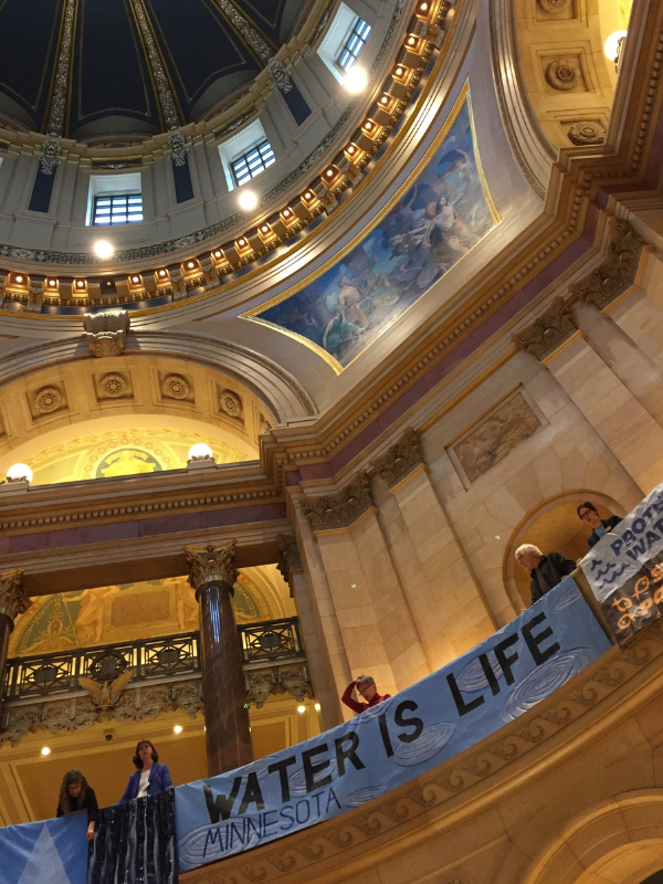 Minnesota State Capitol rotunda decorated with banners for the Water Action Day 2019 Rally