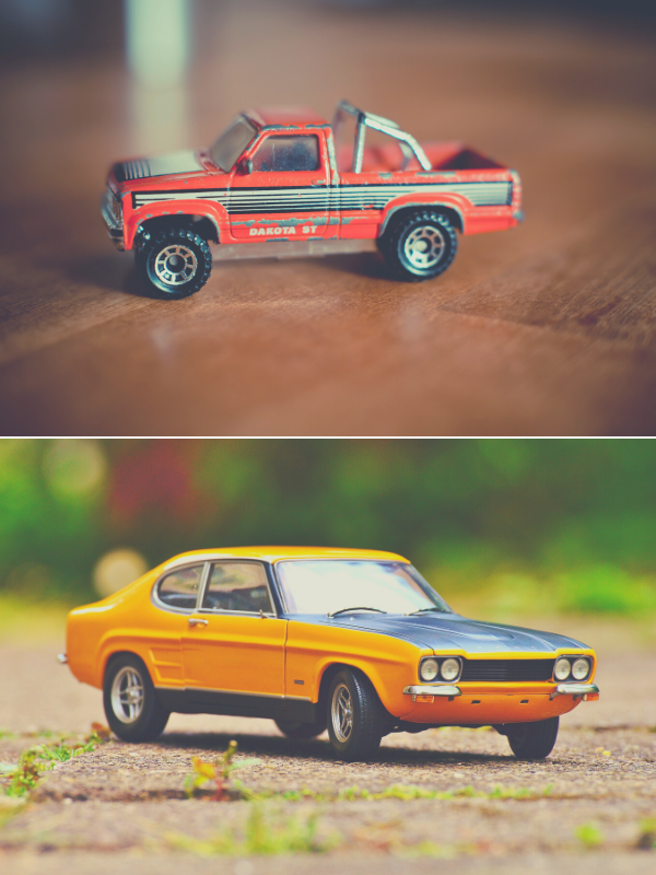 A toy truck and a toy car