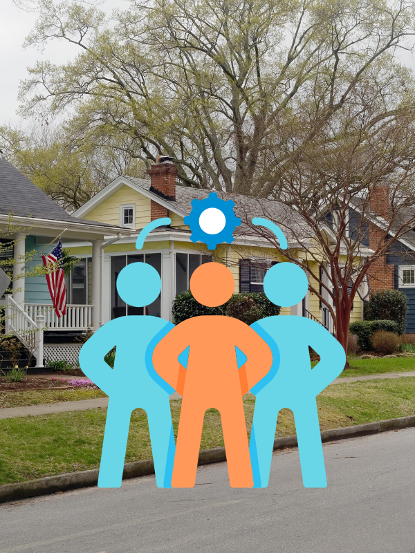 A graphic illustrating cooperation in front of an image of houses on a residential street.