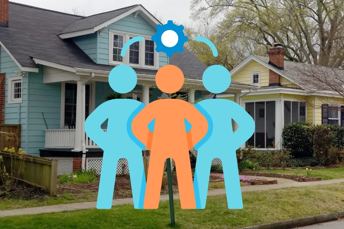 Graphic illustration of cooperation overlayed on a photo of a residential street