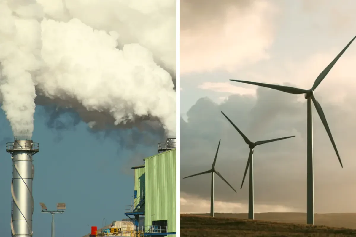 Coal Plant on left and Wind Turbines on right