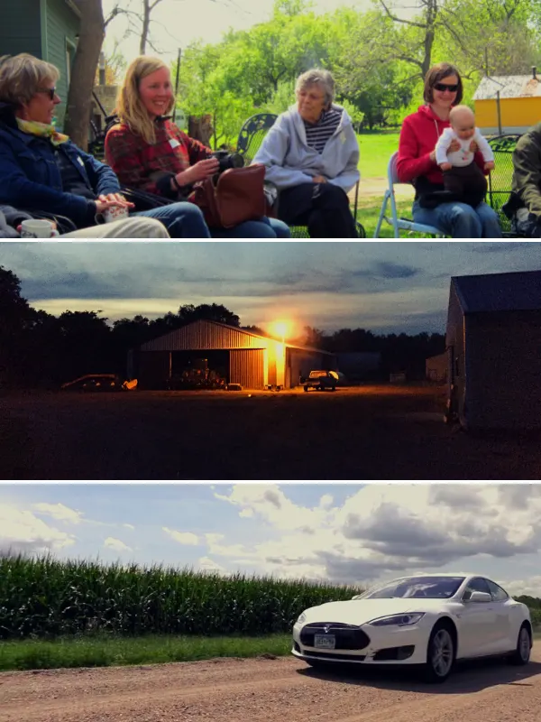 rural women in a group, dark farm yard, EV on a gravel road