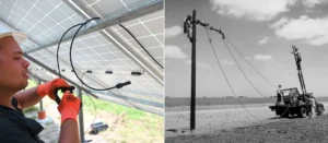 Left image is a man wiring a solar panel; the right image is black and white featuring rural electric co-op linemen stringing powerlines as part of the rural electrification act.