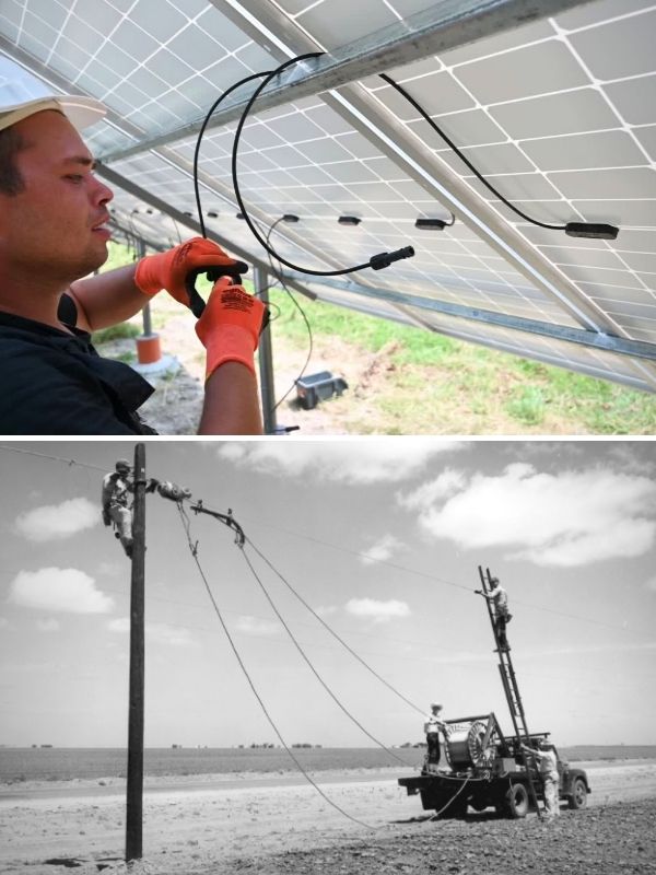 Top image is a man wiring a solar panel; the bottom image is black and white featuring rural electric co-op linemen stringing powerlines as part of the rural electrification act.