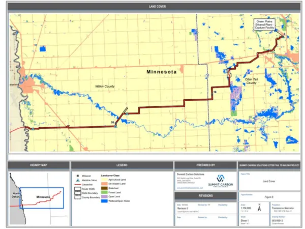 The proposed route of Summit Carbon Solutions CO2 pipeline in Otter Tail and Wilkin Counties in Minnesota. (Map Source: AgWeek)