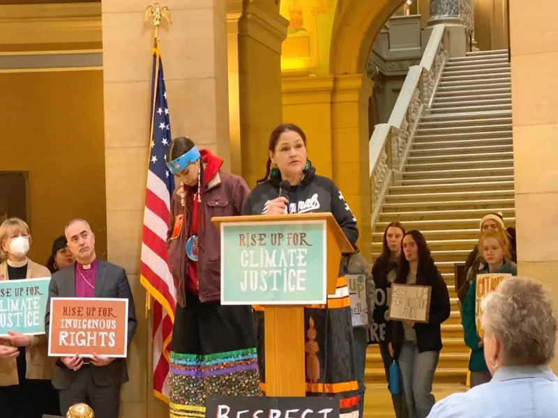 Nicole Perez, Little Earth resident, speaking at the capitol at the rise + repair rally
