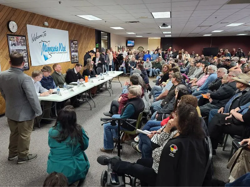 Crowd at a recent Town Hall Meeting in Granite Falls about the Upper Sioux Agency State Park land transfer.