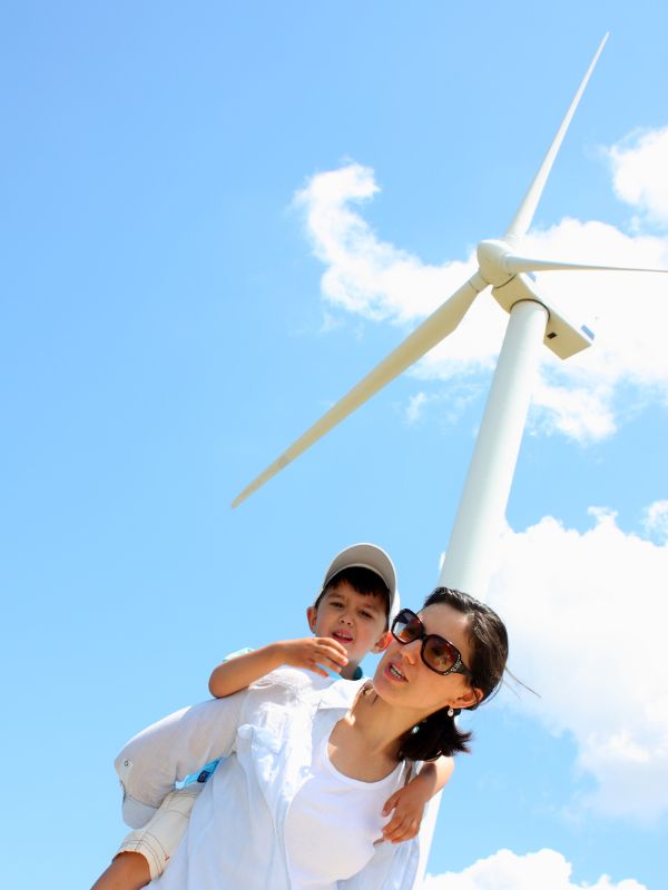 mom and son with wind turbine