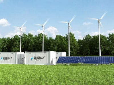 clean energy sampler— wind energy, solar panels, battery storage