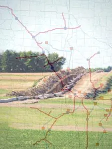 Pipeline construction through a farm field with a CO2 pipeline map overlaid on top.