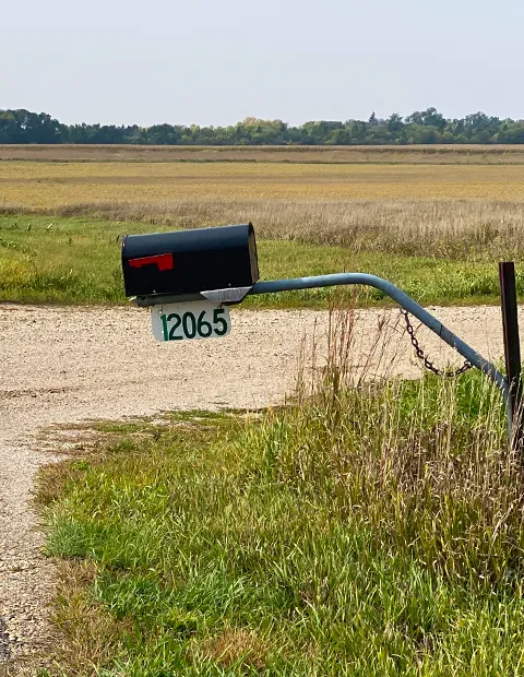 Rural mailbox by gravel driveway