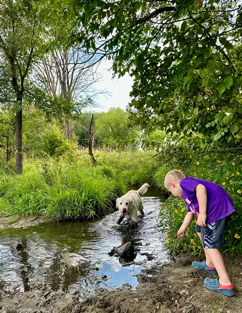 Boy and dog playing in creek