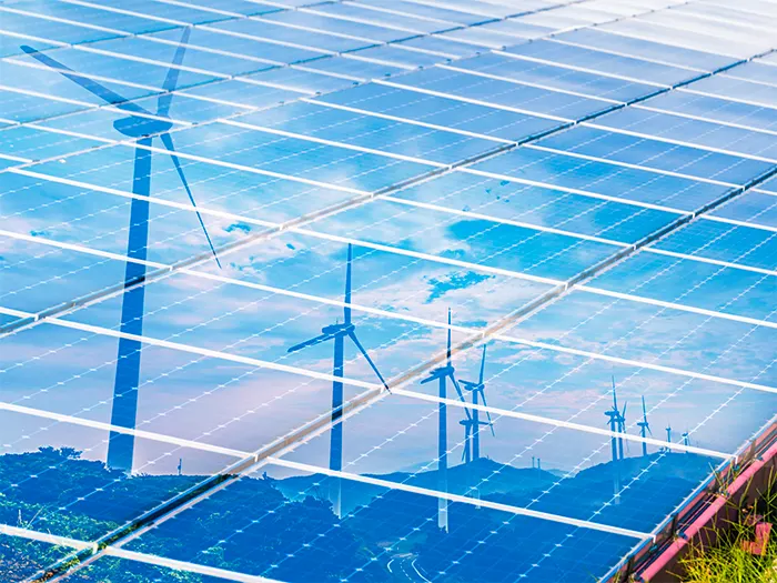 Solar Panels with Wind Turbine Reflection