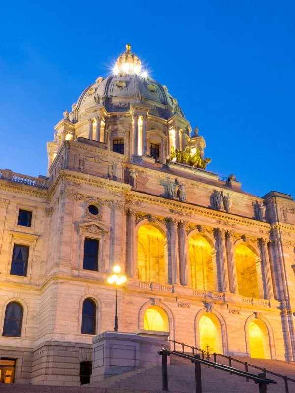 Looking up at the Minnesota State Capitol illuminated at night