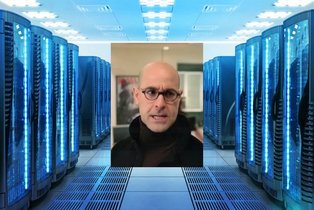 stanley tucci over the image of a data center