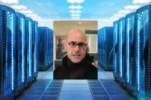 stanley tucci over the image of a data center