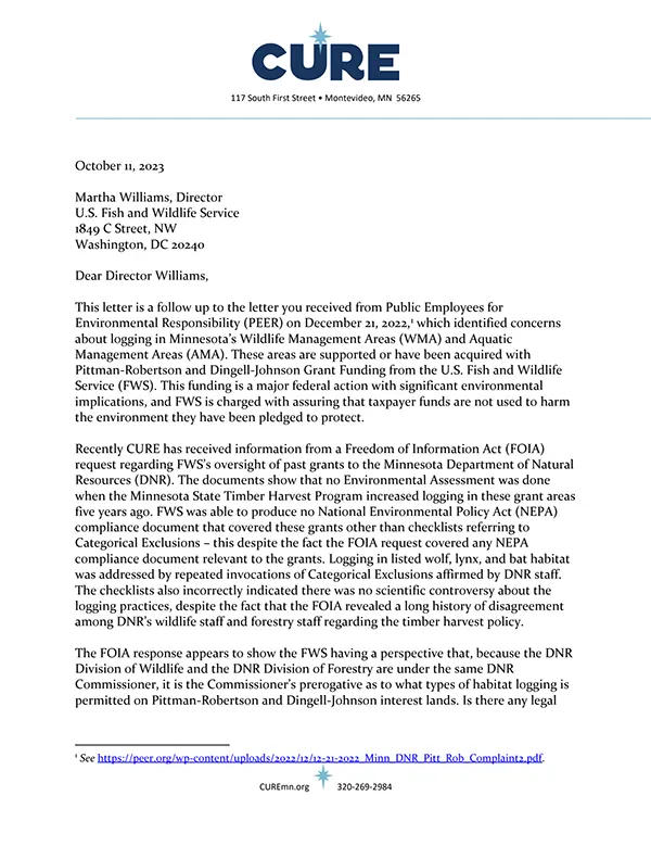 CURE letter to Martha Williams, Director U.S. Fish and Wildlife Service, regarding Minnesota DNR violations of federal law and failure to comply with NEPA