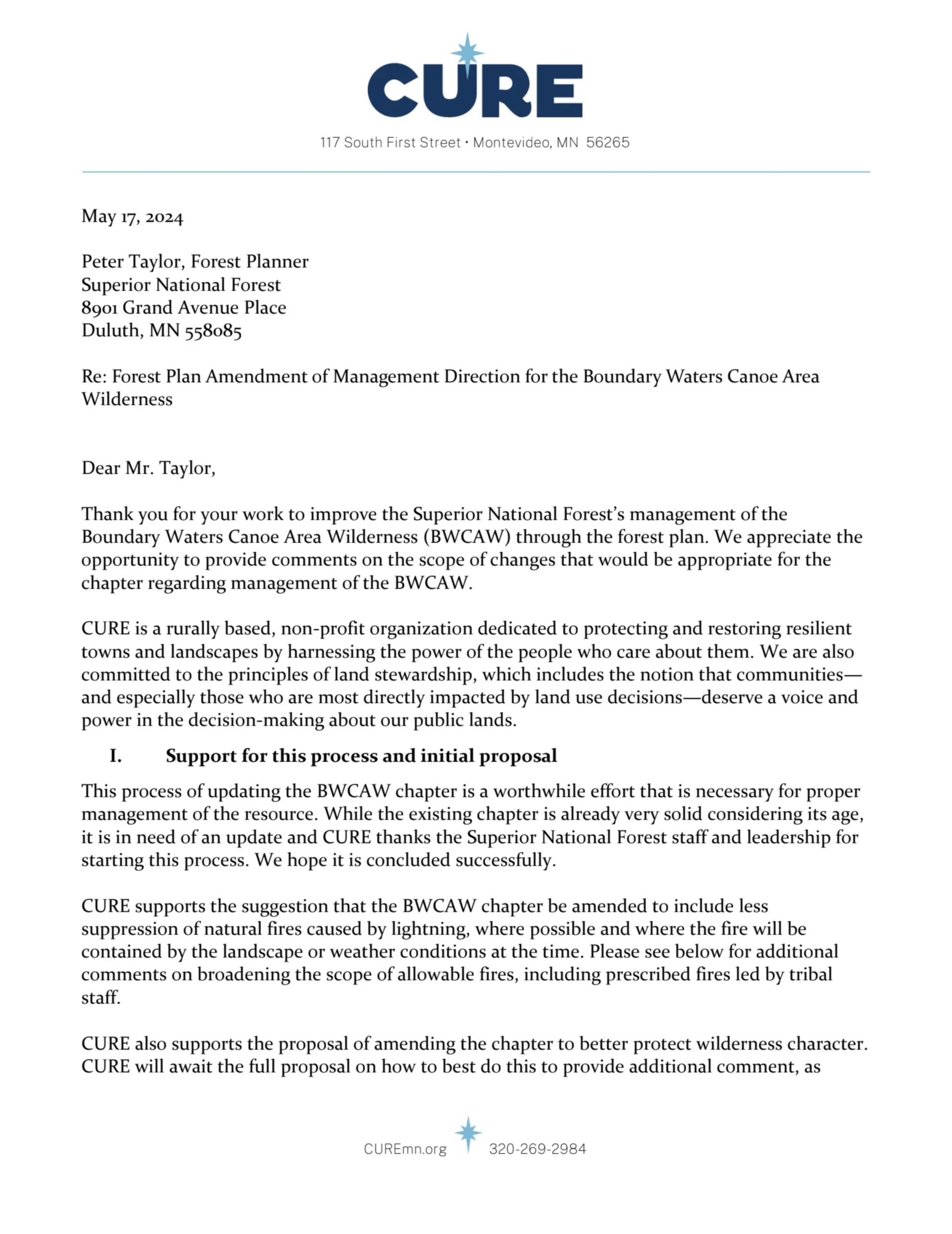 CURE Letter to Forest Planner