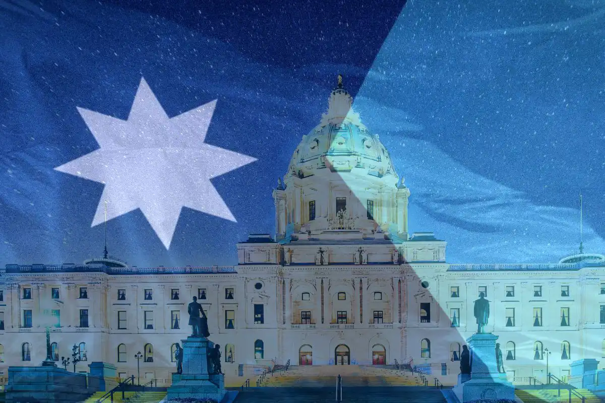 minnesota state capitol superimposed over the state flag
