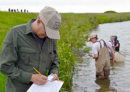 People outdoors checking water quality