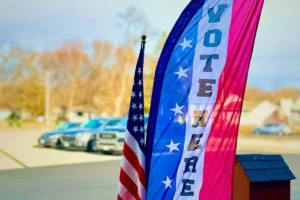 vote here banner at a polling place