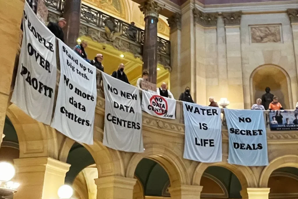 banners at the mn state capitol during a rally for data center regulation in 2026