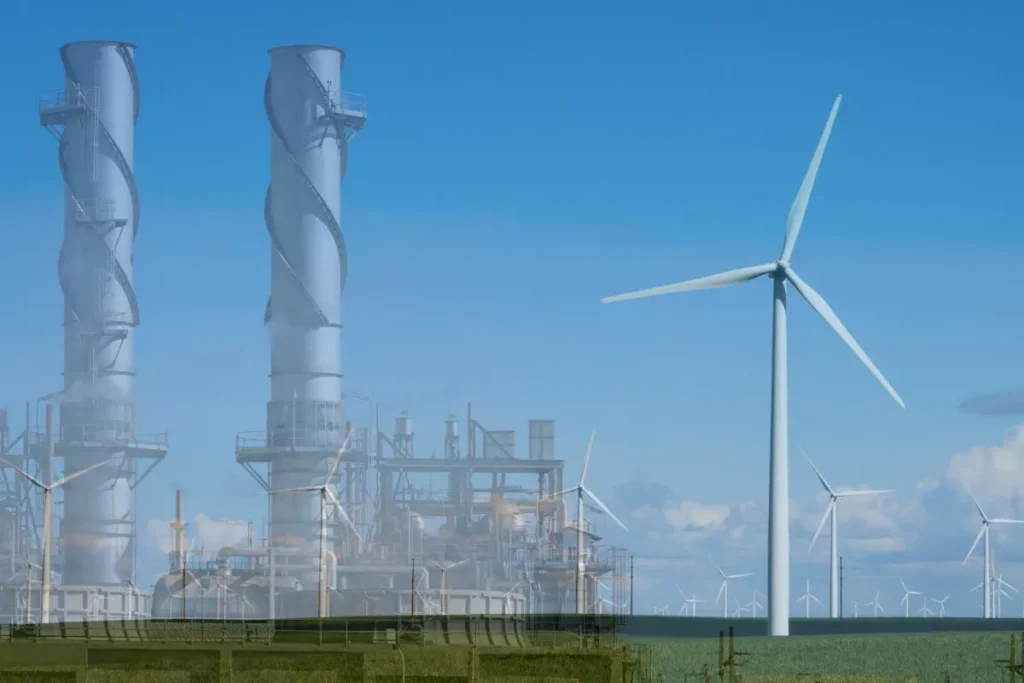natural gas power plant and wind turbines