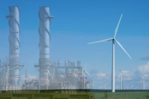 natural gas power plant and wind turbines