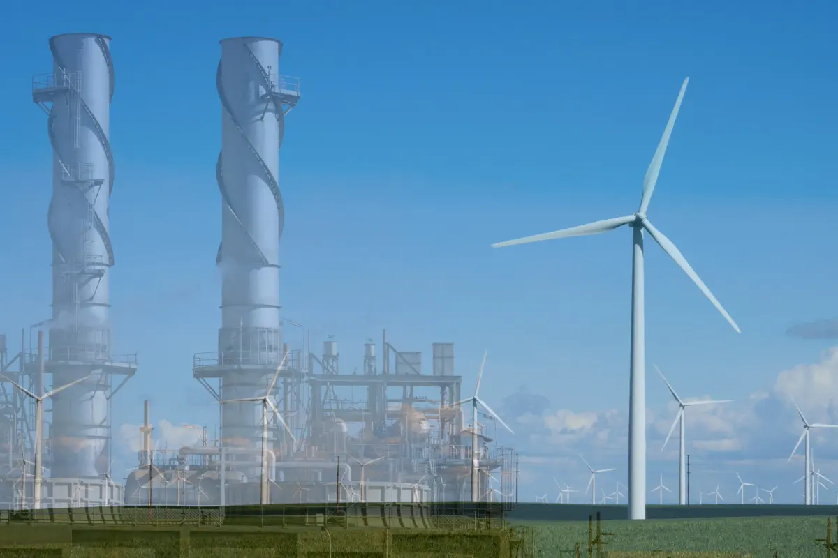 natural gas power plant and wind turbines